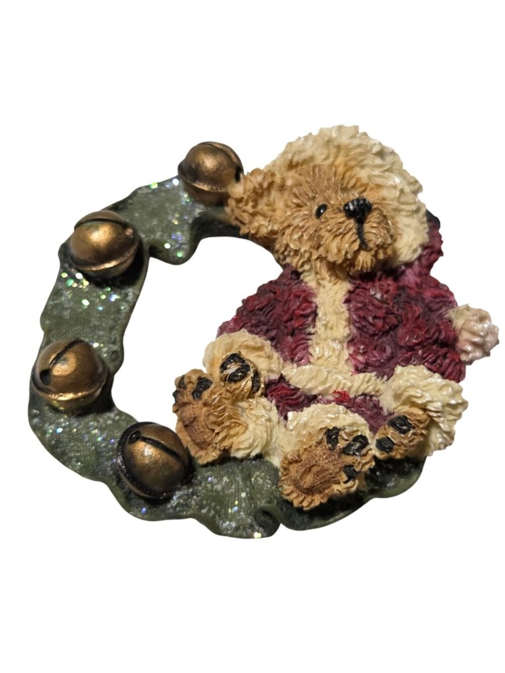 Vintage Teddy Bear Holiday Wreath Brooch Jingle Bells Glittery Festive Christmas